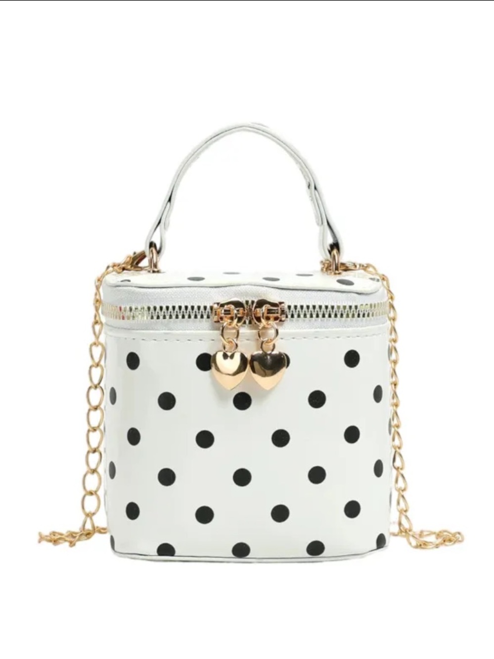 The Coquette Mini | White Polka Dot Top Handle Bag with Gold Hearts